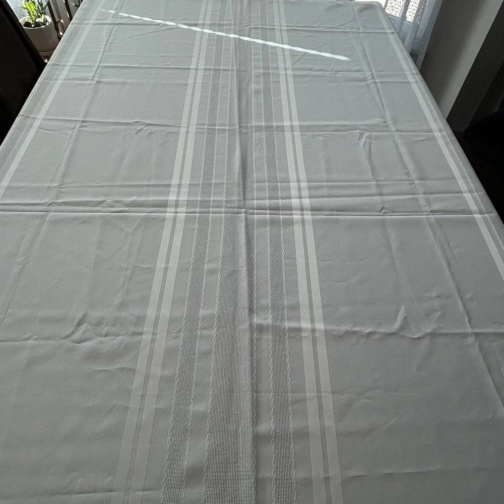 Vintage Cream Ivory Damask Stripe Tablecloth Mid-Century Rectangle 60x84